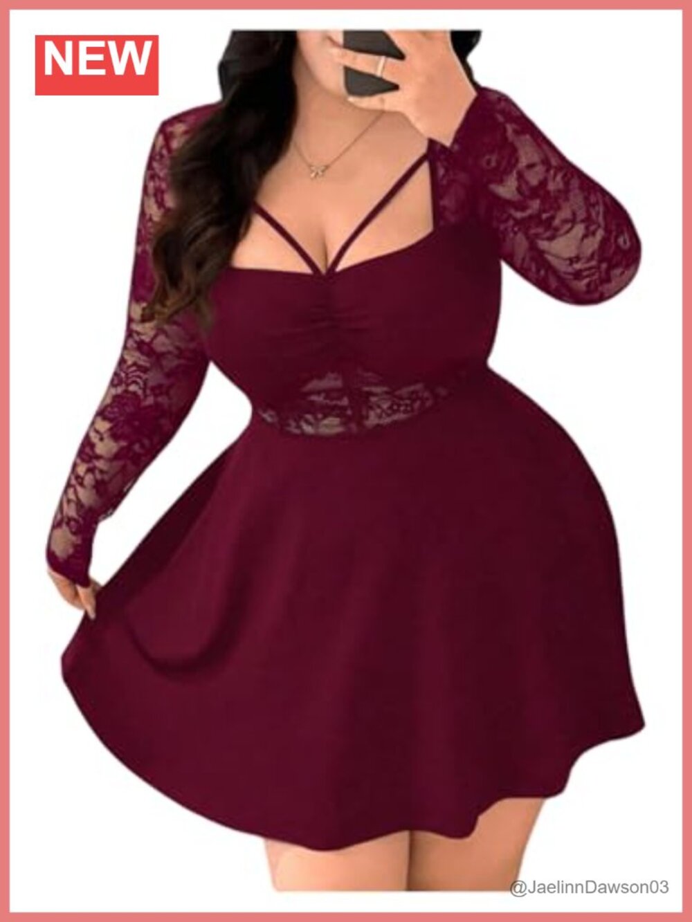 Plus Size Lace Party Mini Dress Ruched Bust Sweetheart Long Sleeve
